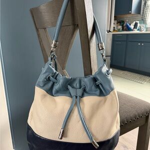 Brighton Brody Blue, Cream & Navy Tri-Color Leather Drawstring Bucket Bag